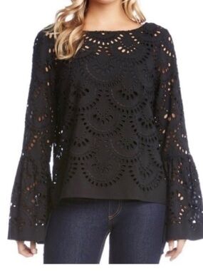 KAREN KANE Black Long Sleeve Eyelet Blouse Bell Sleeve Boat Neck Unlined Medium
